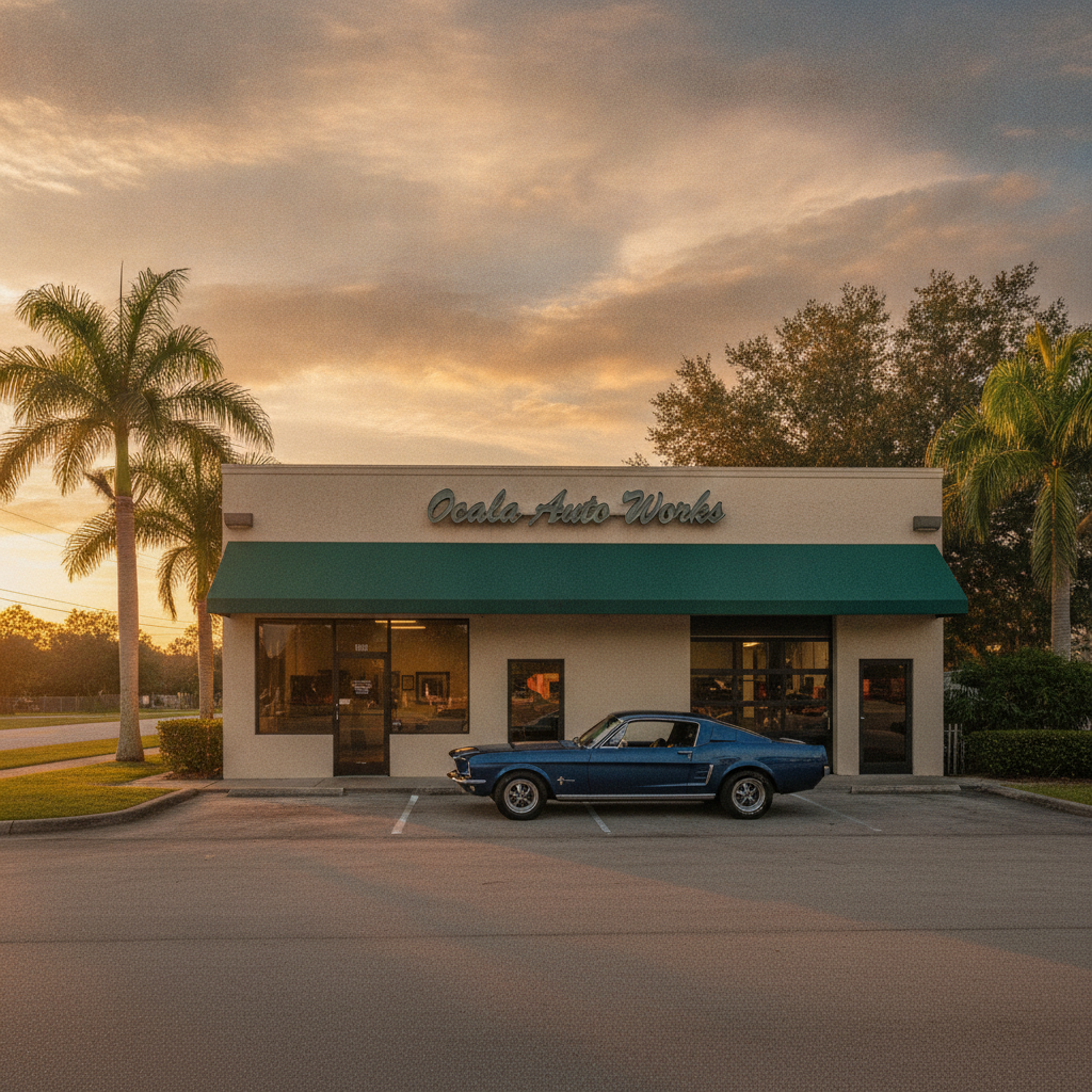 Exterior of a small independent auto repair shop at golden hour